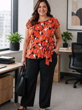 Lane Bryant Floral Belted Cap Sleeve Blouse 2/$35